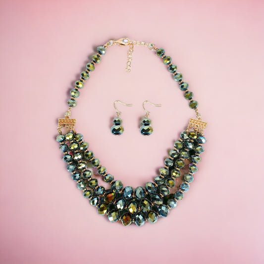 Green Layered Bead Necklace & Earrings