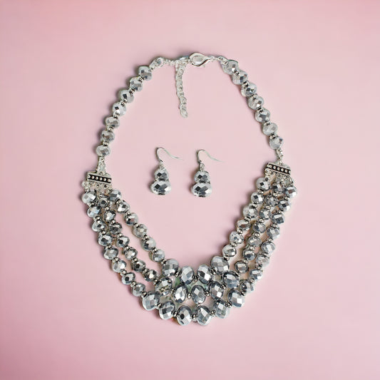 Silver Layered Bead Necklace & Earrings
